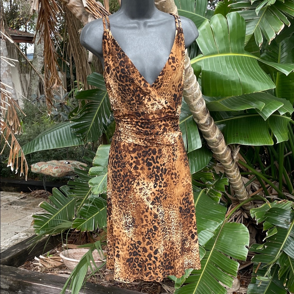 animal print, spaghetti strap fit, and flare dress
